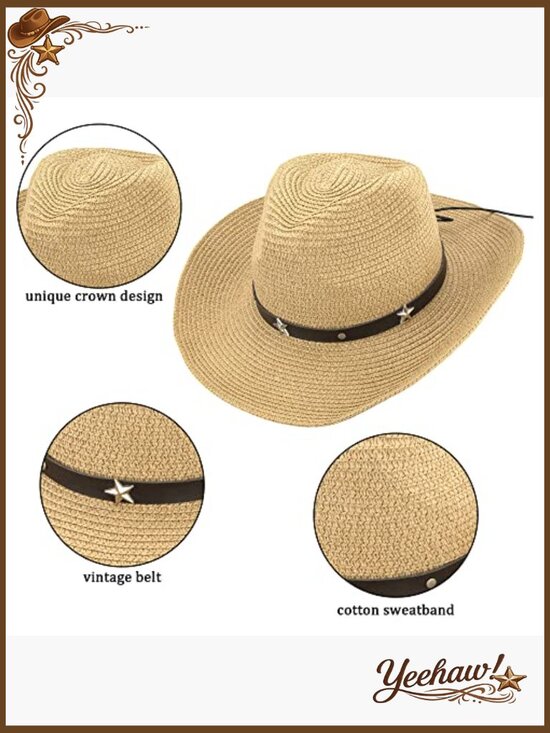 Straw Sun Hat Wide Brim UV Protection Beach Cowboy Style Foldable main image 7